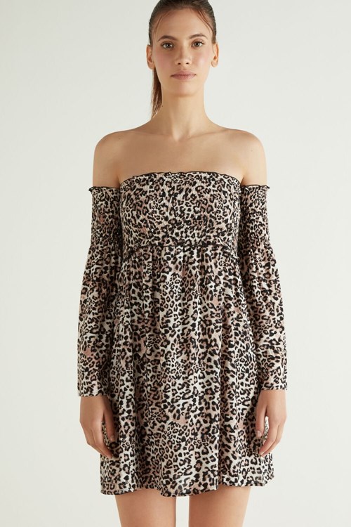 Red Soft Animal Print 852u Tezenis Off-the-Shoulder Long Sleeve Plain Weave Dress | 387291-RGD