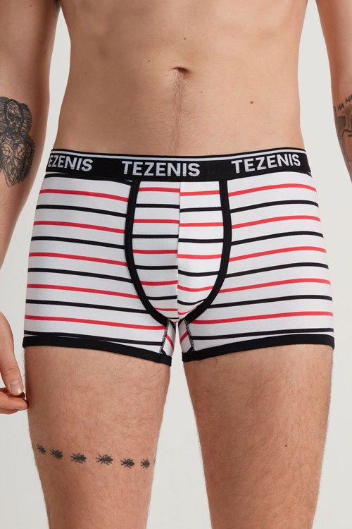 Stripes White Red/Black Striped Print 515v Tezenis Printed Cotton Logo Boxers with Contrasting Trim | 614897-XUQ