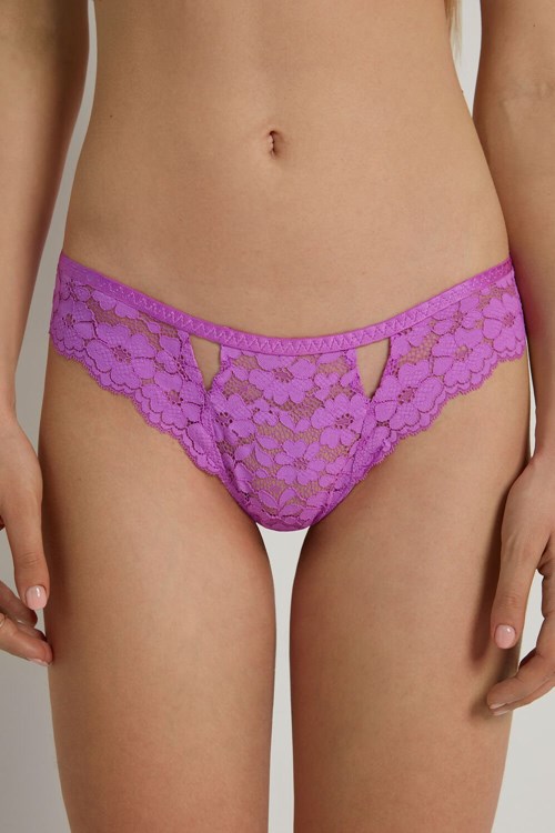 Violet Bright Violet 313v Tezenis High-Cut Lace Brazilian Panties with Cut-Outs | 043862-CGA