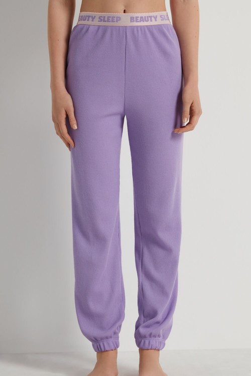 Violet Soft Lilac 392v Tezenis Full Length Smocked Pants with Text Waistband | 769420-NVQ