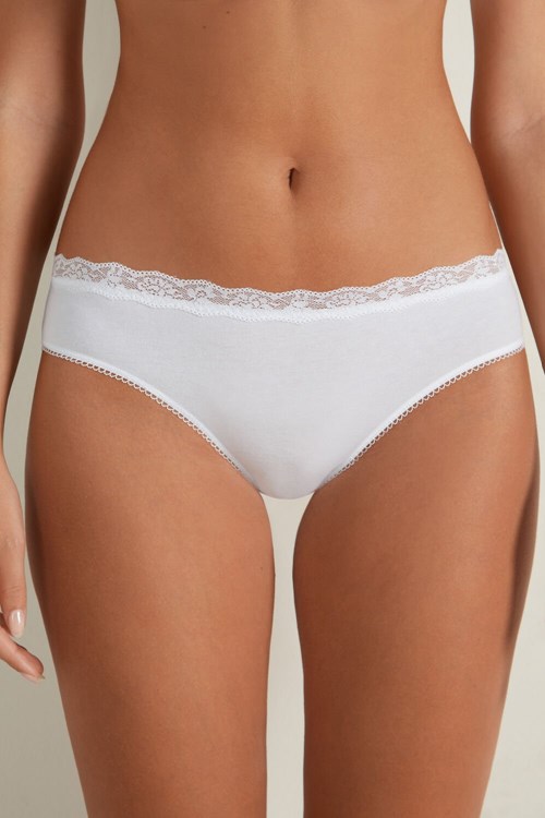 White White 001 Tezenis Cotton and Recycled Lace Scalloped Trim Panties | 409158-TSQ