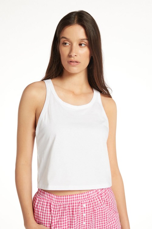 White White 001 Tezenis Cropped Cotton Halter Tank Top | 735486-UYR