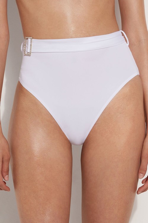 White White 001 Tezenis Crystal Buckle High Rise Bikini Bottoms | 257069-DRS