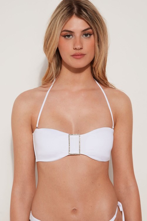 White White 001 Tezenis Crystal Buckle Removable Padding Bandeau Bikini Top | 640927-WMH