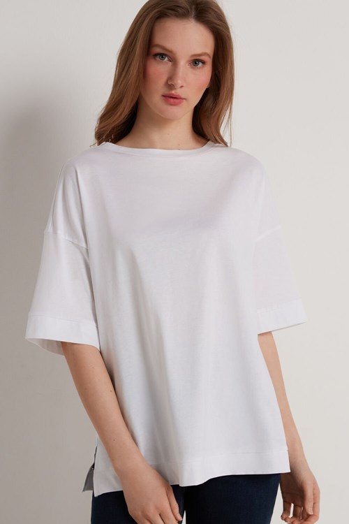 White White 001 Tezenis Dropped Shoulder Cotton T-Shirt with Vents | 713098-WGR