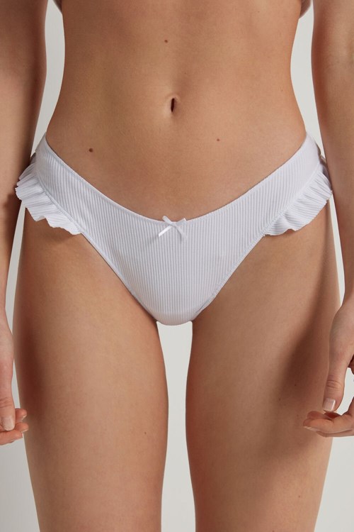 White White 001 Tezenis High-Cut Ribbed Cotton Brazilian Panties with Ruffles | 150729-UTD