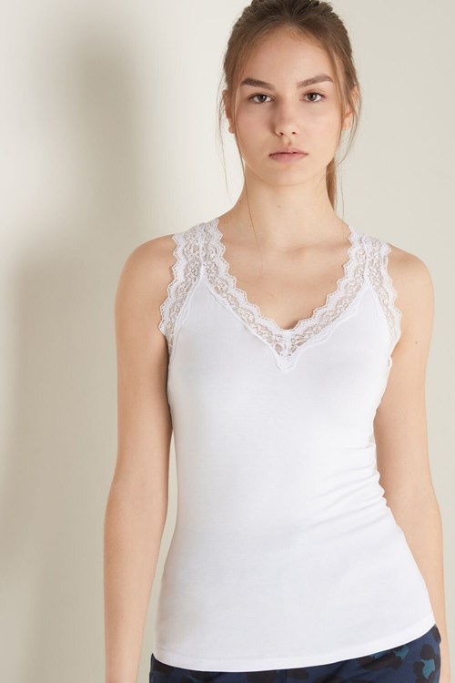 White White 001 Tezenis Lace Wide Strap V-Neck Viscose Camisole | 204178-SEY