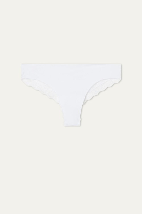 White White 001 Tezenis Laser-Cut Cotton Recycled Lace Brazilian Panties | 832514-JYA