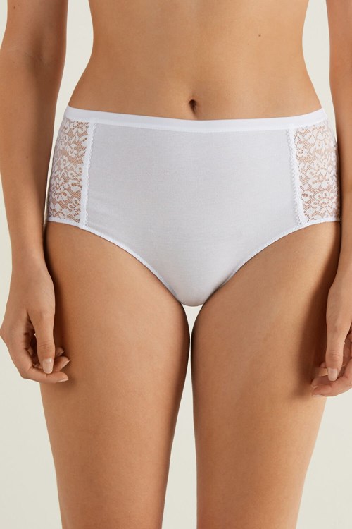 White White 001 Tezenis Recycled Cotton and Lace High-Leg Panties | 140879-LZN