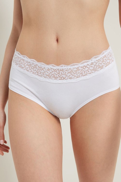 White White 001 Tezenis Recycled Cotton and Lace Boyshorts | 269137-TCX