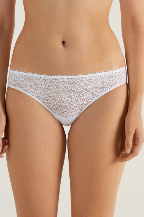 White White 001 Tezenis Recycled Lace Laser-Cut Microfiber Brazilian Panties | 608143-NOX