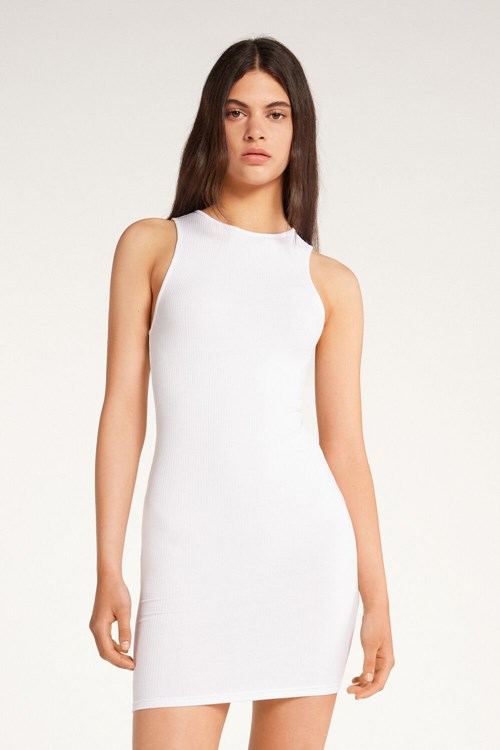 White White 001 Tezenis Ribbed Cotton Fitted Mini Dress | 789253-POE