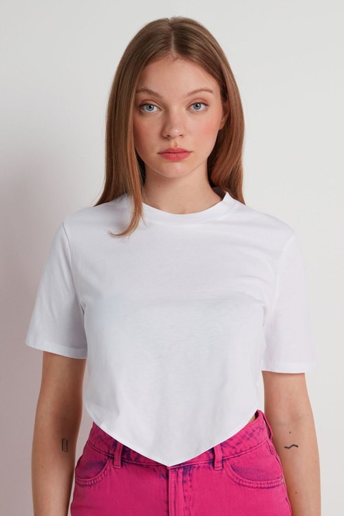 White White 001 Tezenis Short-Sleeved Crop Top with V Cut | 317598-XBA