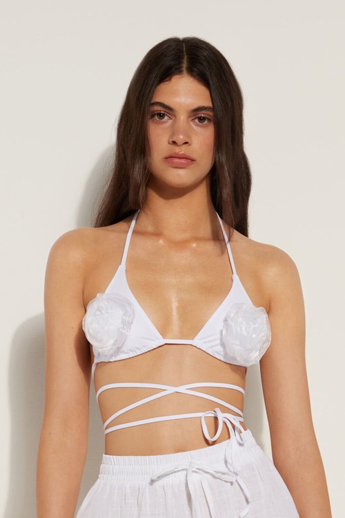 White White 001 Tezenis White 3D Roses Triangle Bikini Top | 483961-KTF