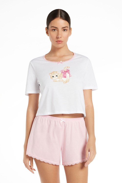 White White Cat Print 510v Tezenis Half-Sleeve Cat Print Cotton Short Pajamas | 976402-CQY