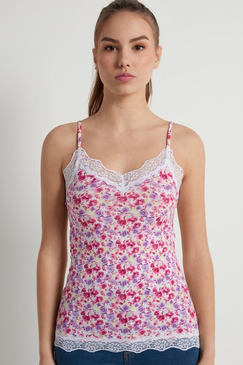 White White Delicate Flower Print 261v Tezenis V Neck Tank Top with Lace Insert | 502638-LXB