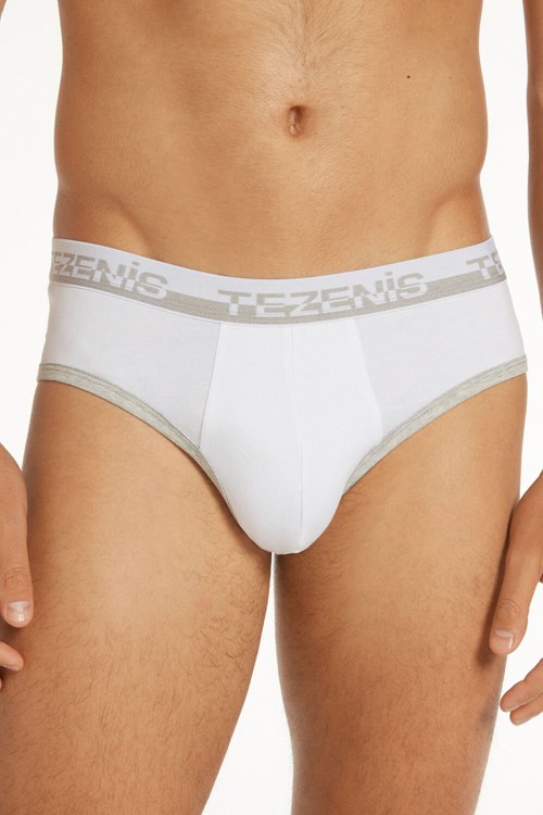 White White/Light Gray Heather 6001 Tezenis Cotton Briefs with Logo Elastic Band | 597268-OCD