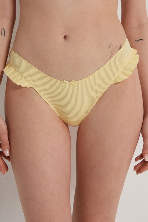 Yellow Vanilla Yellow 268v Tezenis High-Cut Ribbed Cotton Brazilian Panties with Ruffles | 174895-QKV